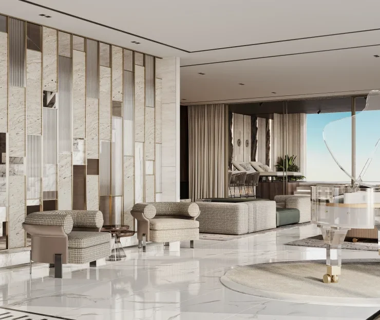A digital rendering shows the living space of one of the tower's luxury duplexes.