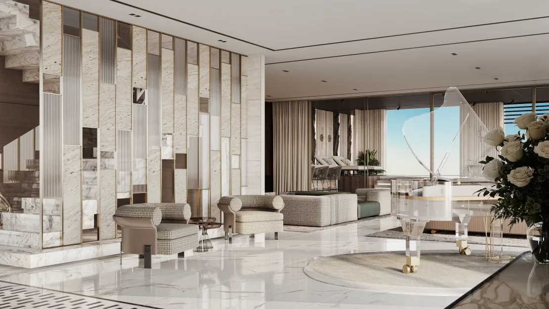 A digital rendering shows the living space of one of the tower's luxury duplexes.