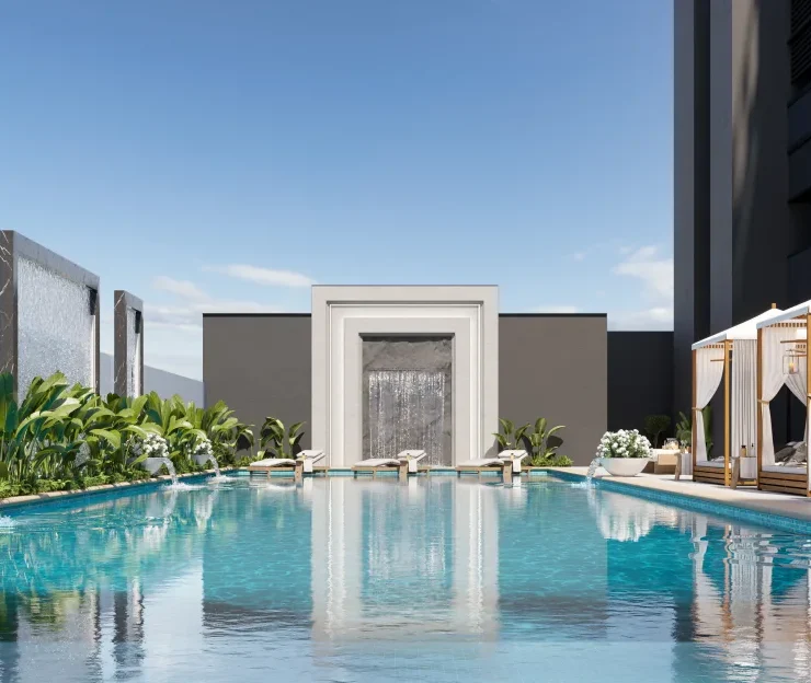 The Aeternitas Tower will have amenities for residents such as gym, yoga studio, cinema, and swimming pool, pictured in this digital rendering.