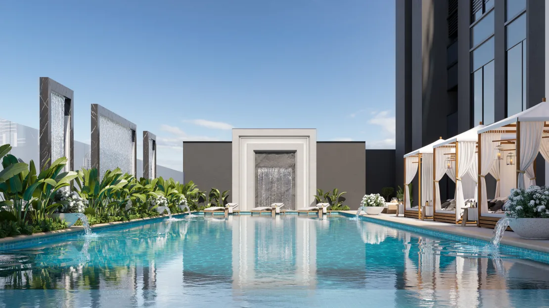 The Aeternitas Tower will have amenities for residents such as gym, yoga studio, cinema, and swimming pool, pictured in this digital rendering.