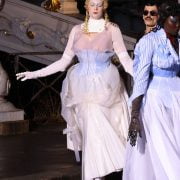 The actress took to the runway in a corseted, rubber-accented dress in Paris