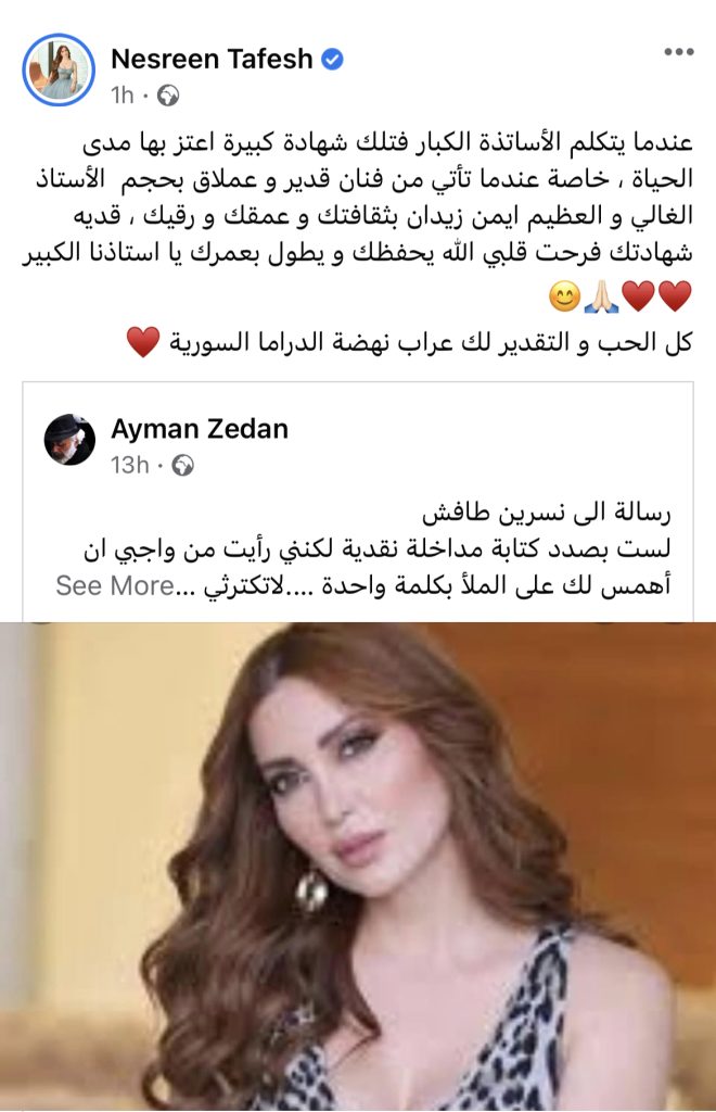 بهذه الكلمات .. نسرين طافش ترد على رسالة أيمن زيدان